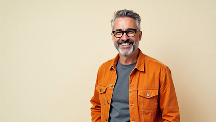 Fototapeta premium Smiling Middle-Aged Man in Orange Jacket and Gray Shirt Against Light Background