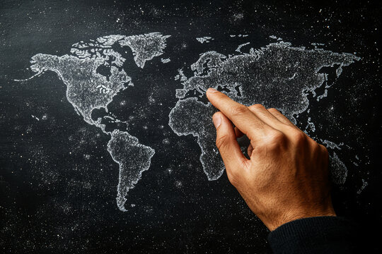 A hand erasing a chalk-drawn world map from a blackboard. Concept of geopolitical change and historical revision.