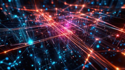 Obraz premium Abstract Digital Network with Glowing Lights and Lines in Blue and Orange Colors Ideal for Technology and Science Backgrounds