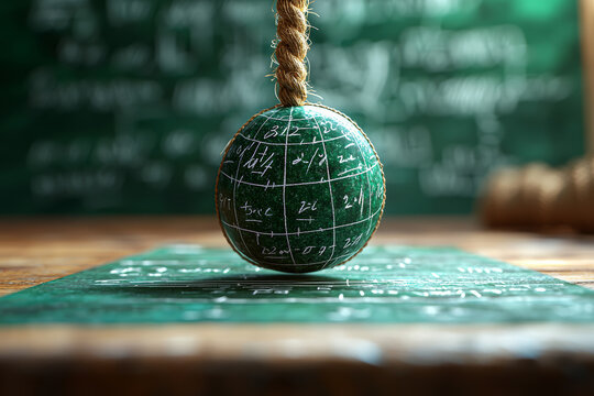 A chalkboard covered in equations with a Newton's cradle swinging. Concept of physics education and scientific principles.