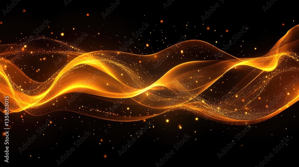 Poster abstract golden wave pattern with glowing particles and soft light effects on a black background for