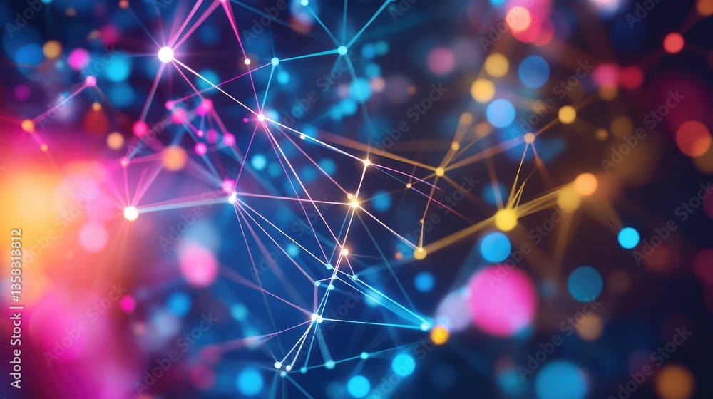 Poster abstract colorful digital network connections with glowing lights and vibrant bokeh effects in dark 