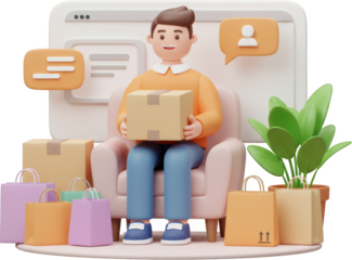 Happy Man Receiving Online Package at Home Sitting in Armchair with Shopping Bags and Plant