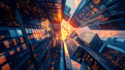 Orange And Blue City Sunset: Low Angle View Of Skyscrapers