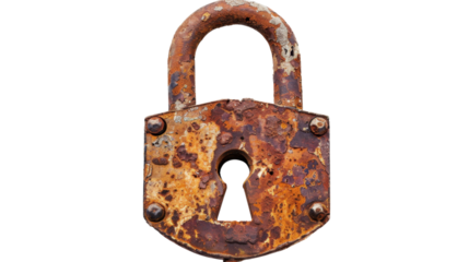 Rusty padlock showing keyhole on transparent background