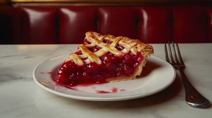 Vivid red cherry pie slice oozing filling isolated color monochrome diner counter lattice crust detail vintage fork prop retro Americana aesthetic