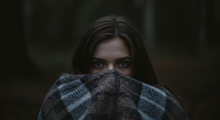 Fototapeta premium Woman's Eyes Peeking Over Blanket in Dark Forest Setting Portrait