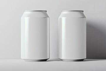 Two aluminum cans standing side-by-side against a soft neutral background