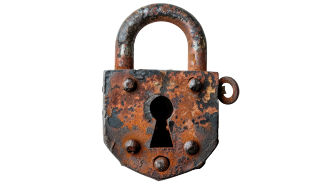 Old rusty padlock showing keyhole on transparent background