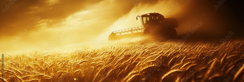 Poster powerful harvester cuts through golden wheat field at sunset with dynamic movement and cinematic dus