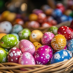 Obraz premium Colorful Easter eggs in decorative basket display