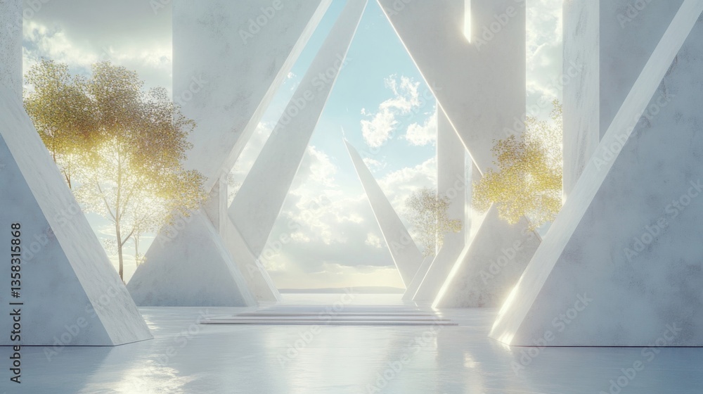 Poster Abstract Geometric Architecture with White Triangles and Trees