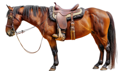 Brown horse wearing saddle and bridle standing on transparent background