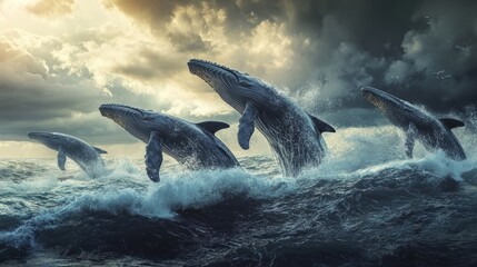Obraz premium Generic Group Whales View Stormy Surface Ocean Breaching