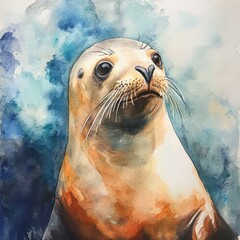Watercolor painting of a curious sea lion, against a blue-toned background