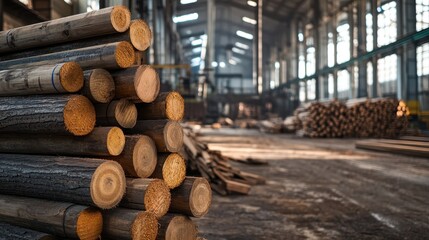 Stacked Logs in Abandoned Industrial Lumber Mill with Natural Light Streaming Through Windows
