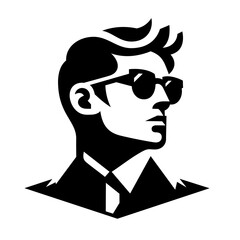 A man in sunglasses and a business suit graphic logo design isolated on transparent background. Profile view male vector portrait.