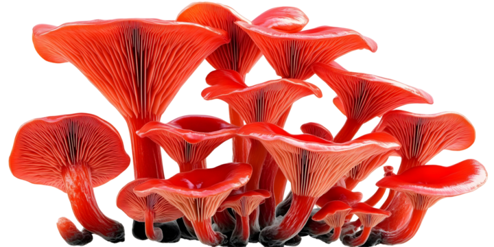 Isolated Red Mushroom Cluster On Transparent Background For Design