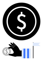 Large dollar coin above hand holding smaller coin next to blue-striped sleeve and a minimalist flag. Ideal for money management, savings, wealth, economy, investments, success, achievement. Flat