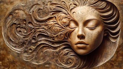 **mystical portrait with a human face intertwined with symbolic imagery and cosmic motifs**. Cosmic Carving. Illustration