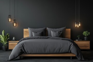 Dark modern bedroom interior design with wooden bed, grey bedding, and pendant lights.