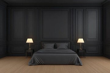 Dark modern bedroom interior with black walls, bed, and nightstands.