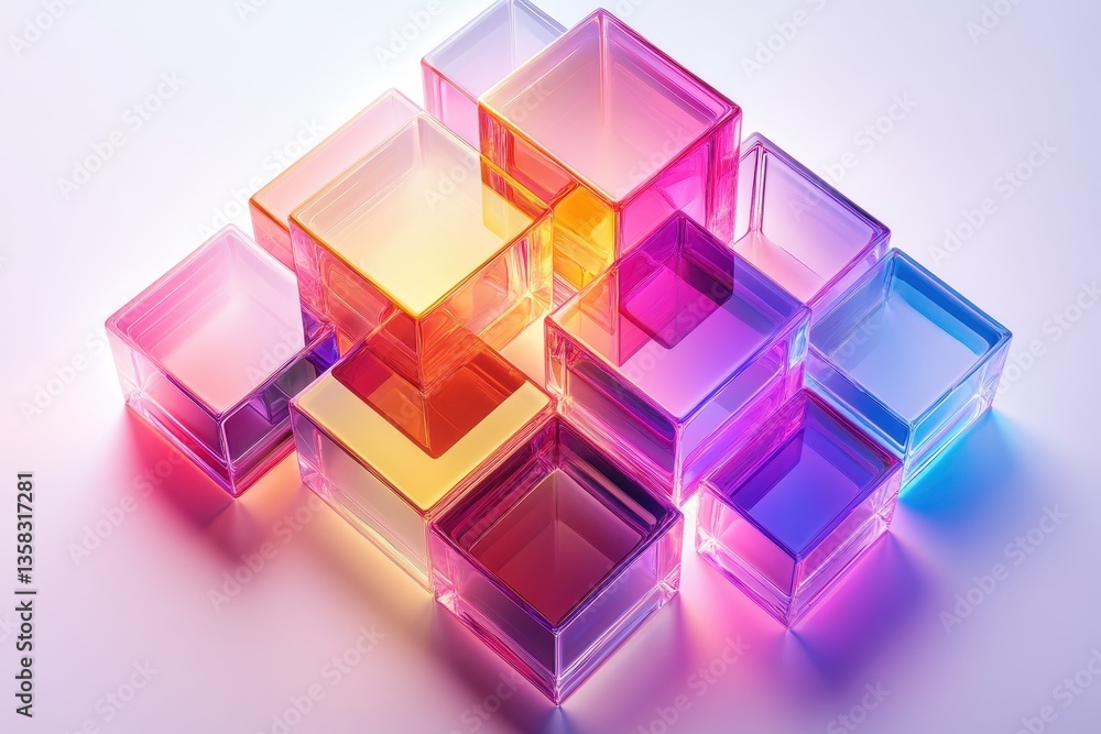 Poster Brightly colored glass shards create an artistic display of light and reflection on a white background in a contemporary setting