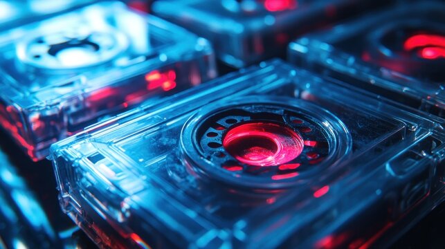 Close-up view of transparent audio cassettes, vibrant neon lighting highlighting internal components