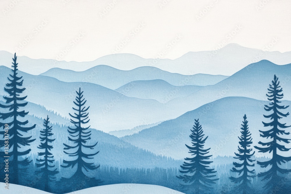 Aufkleber beautiful winter landscape featuring layered snowy mountains and pine trees under a soft blue gradie