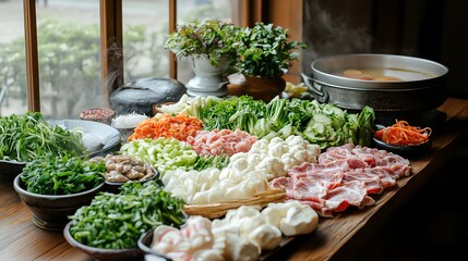 Fresh Hot Pot Ingredients Arranged on Table Ready for Cooking