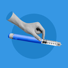 Injection pen, semaglutide, hand, collage style, cost, money, vibrant colors, Diet, Inject, Medical...