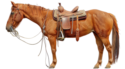 Chestnut horse wearing western saddle standing on transparent background