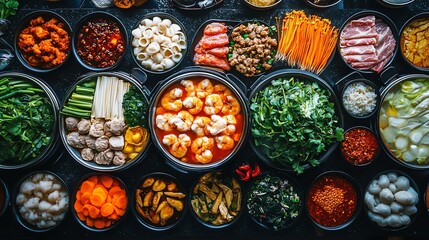 Asian Hot Pot Ingredients Arranged on Dark Background for Food Photography