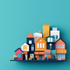 A storefront illustrated as a tiny village with people and shops