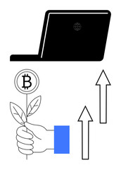 Hand holding a Bitcoin plant symbolizing crypto growth, laptop for digital tech, arrows for progress. Ideal for finance, blockchain, digital economy, sustainability, investment, innovation flat