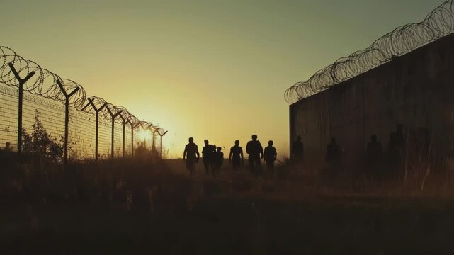 Outside the cloning facility at dusk a band of clones emerges from a hidden exit silhouetted against the fading light with a backdrop of towering walls and barbed wire symbolizing their