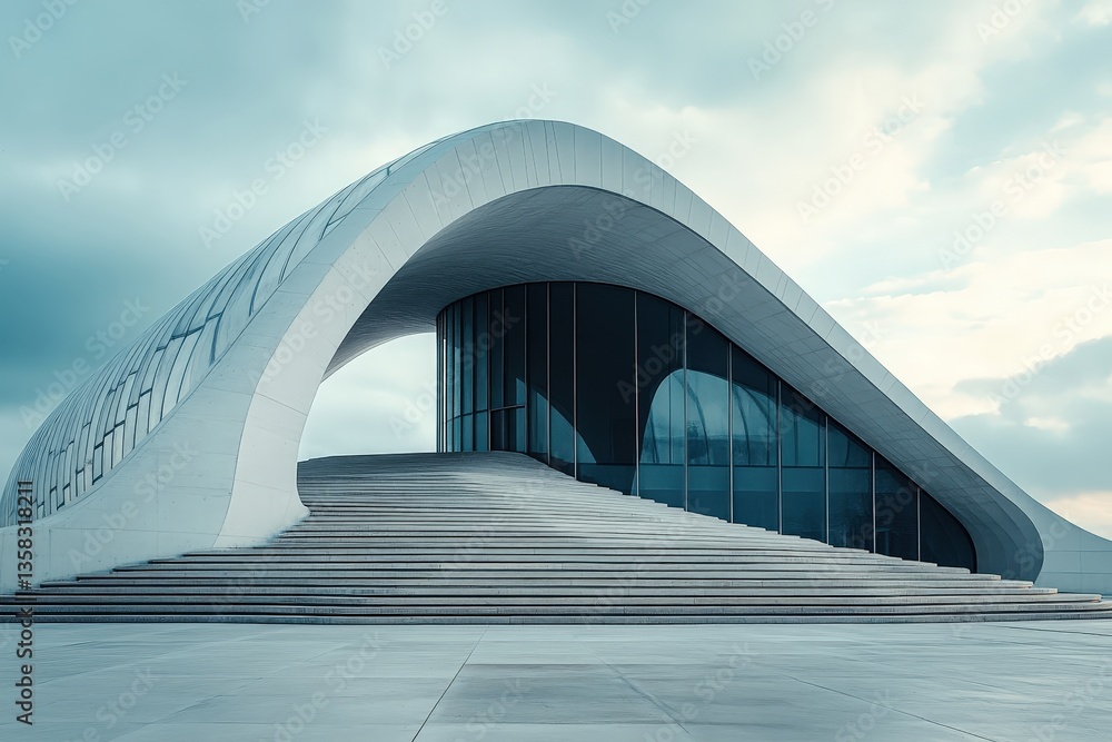 Poster modern architectural design with sweeping curves and glass facade at a cultural center in a cloudy s