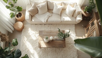 Sun-drenched living room, cozy sofa, plants, wooden coffee table