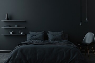 Dark moody bedroom interior with black bed, chair, and shelves.