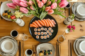 Sushi dinner party, floral centerpiece, elegant table setting