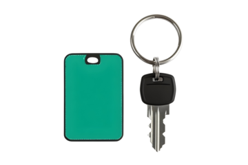 Isolated Key with Green Tag Metal Ring on Transparent Background
