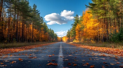 Obraz premium Country road winds through vibrant autumn forest, fallen leaves scatter on asphalt, golden and orange foliage contrasts with evergreen pines under bright blue sky in clear fall landscape.