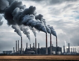 Industrial Plant Emitting Smoke Creating Air Pollution Against Cloudy Sky