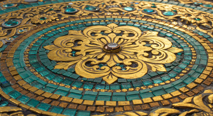 Naklejka premium Golden Floral Mosaic Close-Up, Turquoise Blue & Gold Background, Artistic Tile Design, Decorative Wall Art