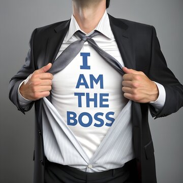 Business concept of a man showing I Am the Boss text under his suit, reflecting pride, individuality and self-assertion in business leadership