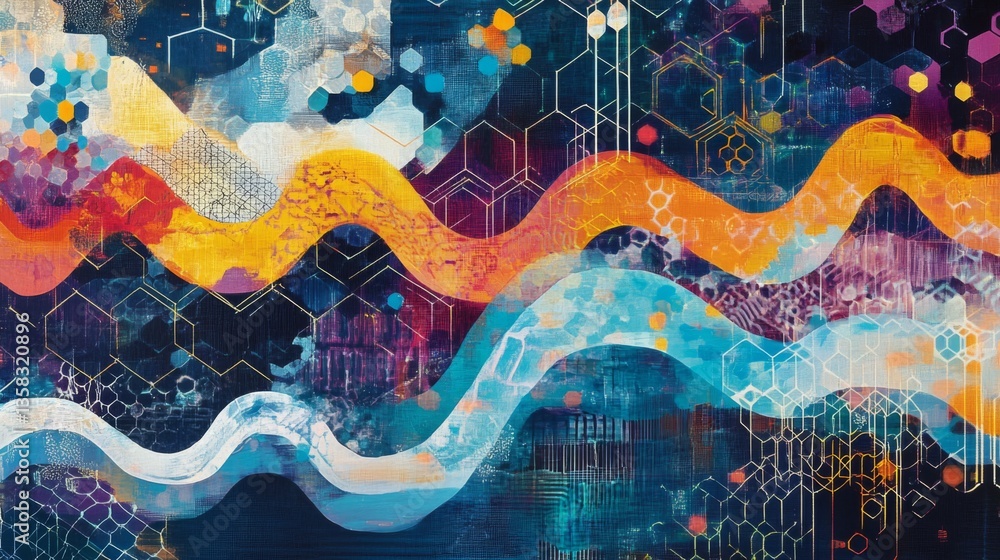 Poster abstract colorful wave painting with science formulas