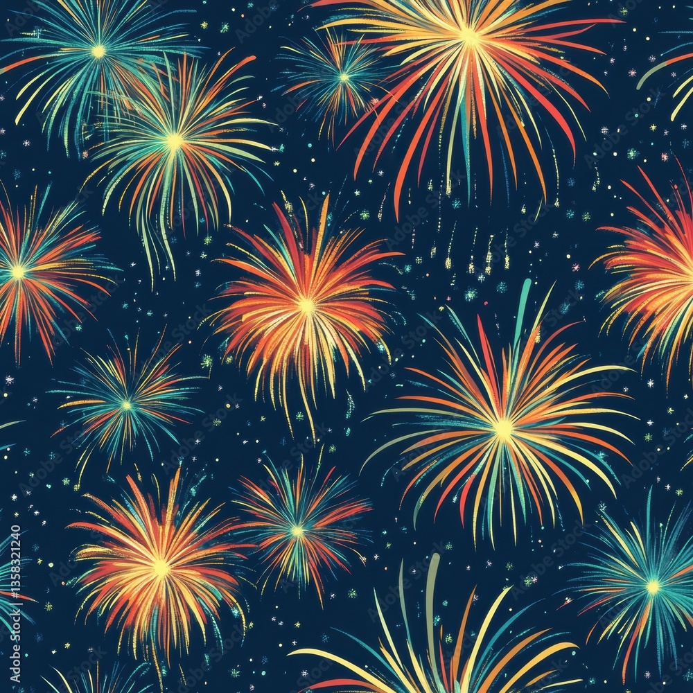 Aufkleber colorful fireworks bursting in a seamless festive pattern over a deep night-sky background, creating