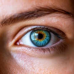 Obraz premium Deep Blue Eye with Golden Reflection and Intense Gaze in Hyperreal Close-Up Portrait