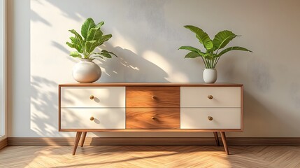 Elegant walnut wood credenza with white drawers and brass accents graces minimalist living room, adorned with ceramic vases and lush plant, blending Scandinavian style with warm lighting.