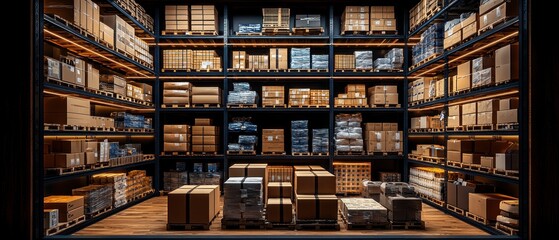 Well-organized warehouse storage with numerous cardboard boxes neatly arranged on shelves, showcasing efficient inventory management